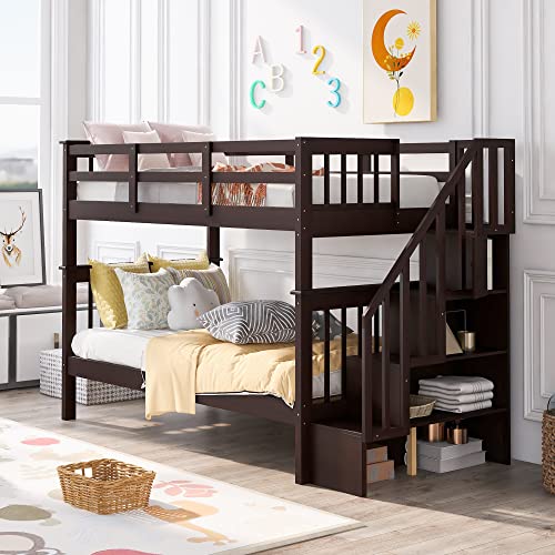 Ball & Cast Full Over Full Bunk Bed with Twin Size Trundle and Built in 4 Drawer,Wood Bunkbed w/Storage Ladder & Slat Support