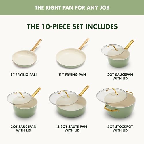 GreenPan Reserve Hard Anodized Healthy Ceramic Nonstick 10 Piece Cookware Pots and Pans Set, Gold Handle, PFAS-Free, Dishwasher Safe, Oven Safe