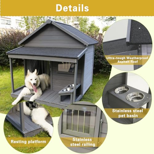 Outdoor Wooden Dog House,Waterproof Kennel with Deck and Sloped Roof,High Stability Pet Dog Cage for Small/Medium Puppy