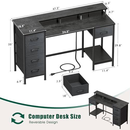 47 Inch Computer Gaming Desk with Power Outlets LED Lights Reversible Home Office with Adjustable Fabric Storage Drawers for Working Writing Study