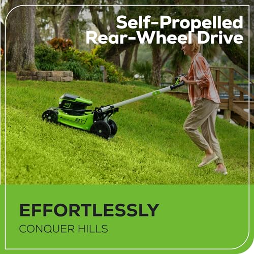 Greenworks 60V 21” Cordless (Self-Propelled) Lawn Mower (LED Lights + Aluminum Handles), 2 x 4.0Ah Batteries and Dual Port Rapid Charger