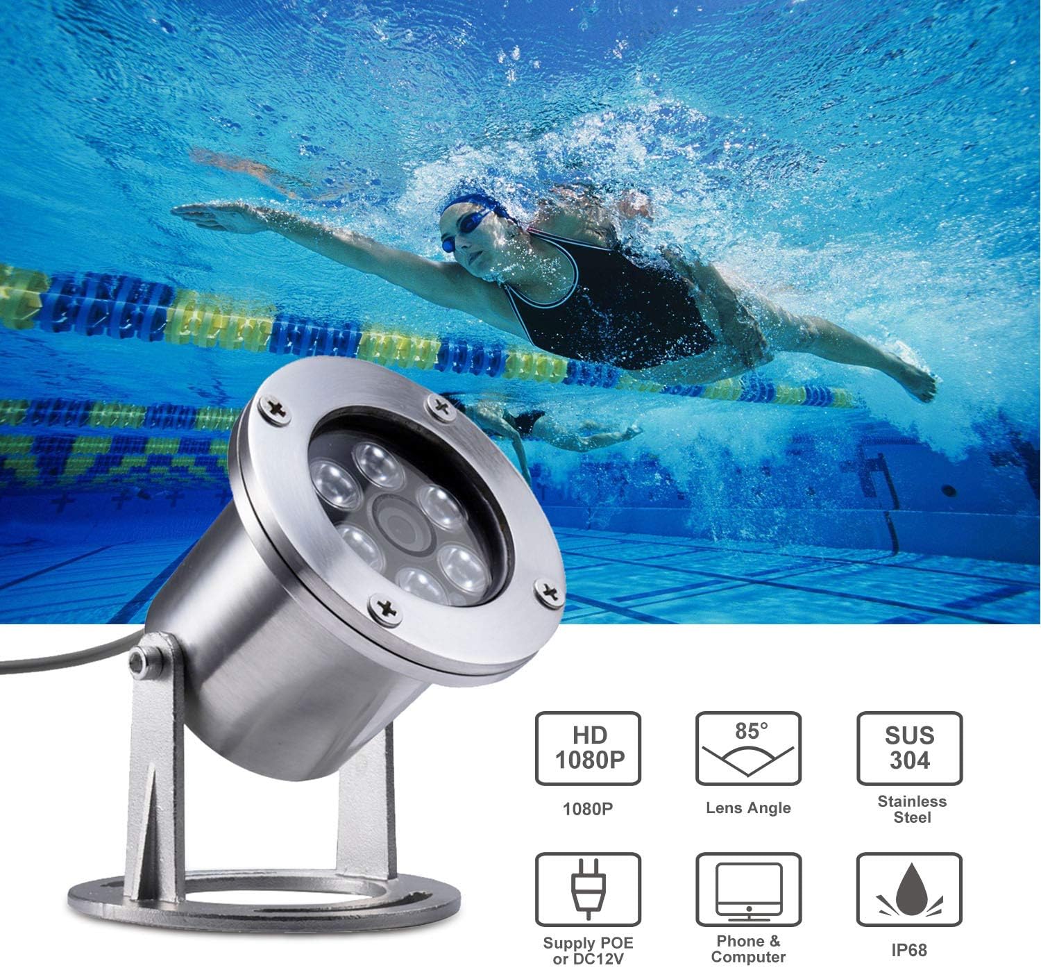 Barlus Underwater Koi Pond Camera 304 Stainless Steel IP68 1080P 2MP POE IP Camera