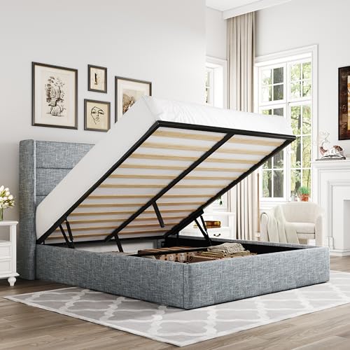 Allewie Full Size Lift Up Storage Bed, Modern Wingback Headboard, Hydraulic Support, No Box Spring Needed, Light Beige