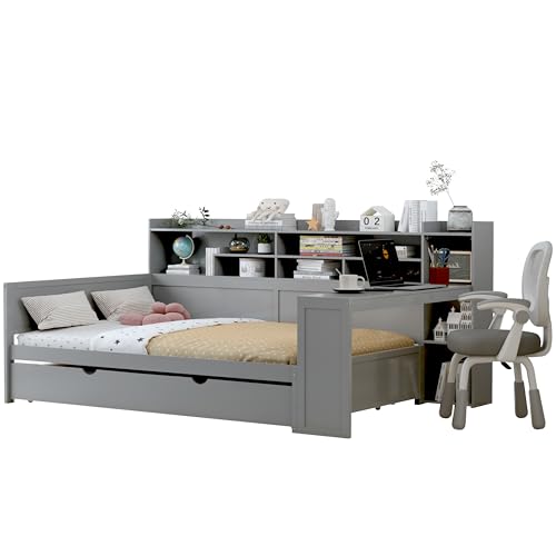 Corner Twin Bed Frame with Bookcase Storage and Desk, Wood Day Beds with 2 Drawers, Twin Size Daybed with Storage for Living Room