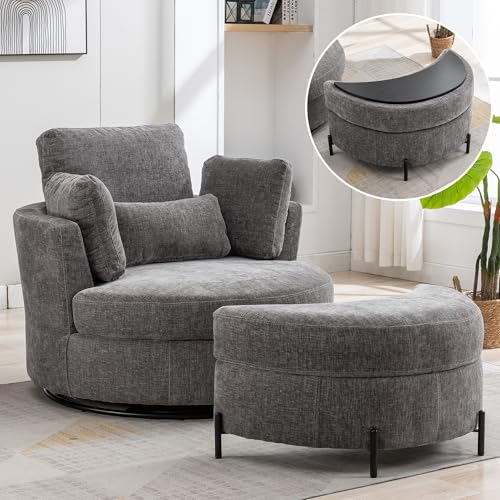 Aoiy & Wifon 42.2" W Oversized Swivel Barrel Chair with Ottoman, Upholstered Round Accent Chair with Storage Ottoman, Chenille, Beige