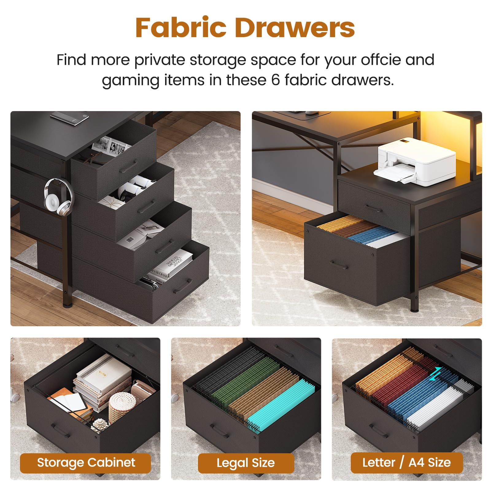 Afuhokles L Shaped Computer Desk with 6 Drawers, Corner Home Office Desk with File Drawers, Black