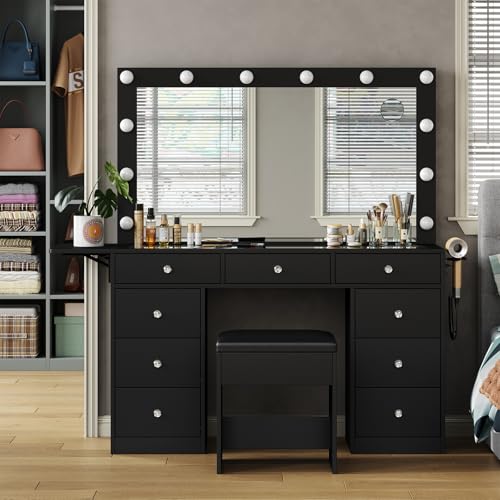 Vanity Desk with Power Outlet, 9 Drawers Makeup Vanity with Mirror and 12 LED Lights, 3 Lighting Modes, Glass Top Vanity Set, Fold-up Panel