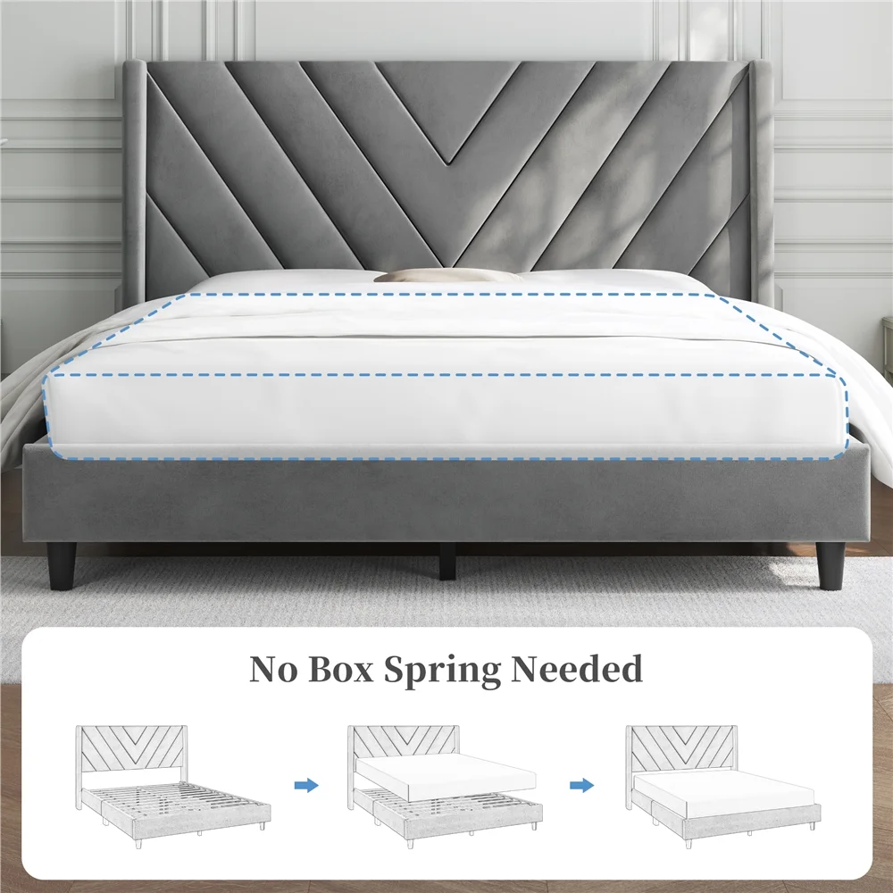 Topeakmart Full Modern Upholstered Bed with Wooden Slat Support, Light Gray