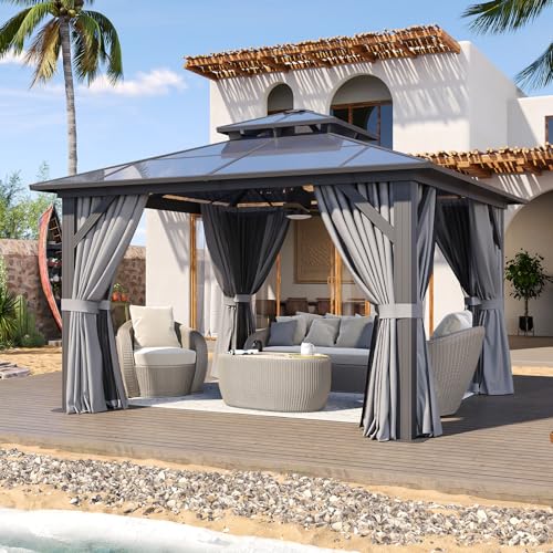 Aoxun 12'x10' Hardtop Gazebo, Aluminum Frame Permanent Pavilion with Curtains and Netting, Outdoor Polycarbonate Double Roof Canopy