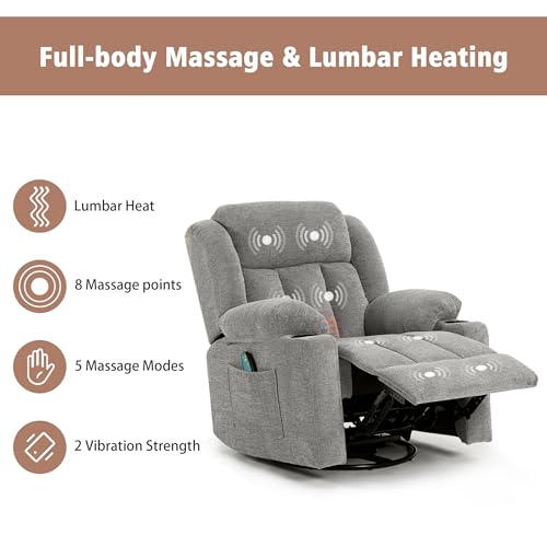 Rocker Swivel Recliner Chair for Adults, Overstuffed Large Manual Recliner Glider with Massage and Heat