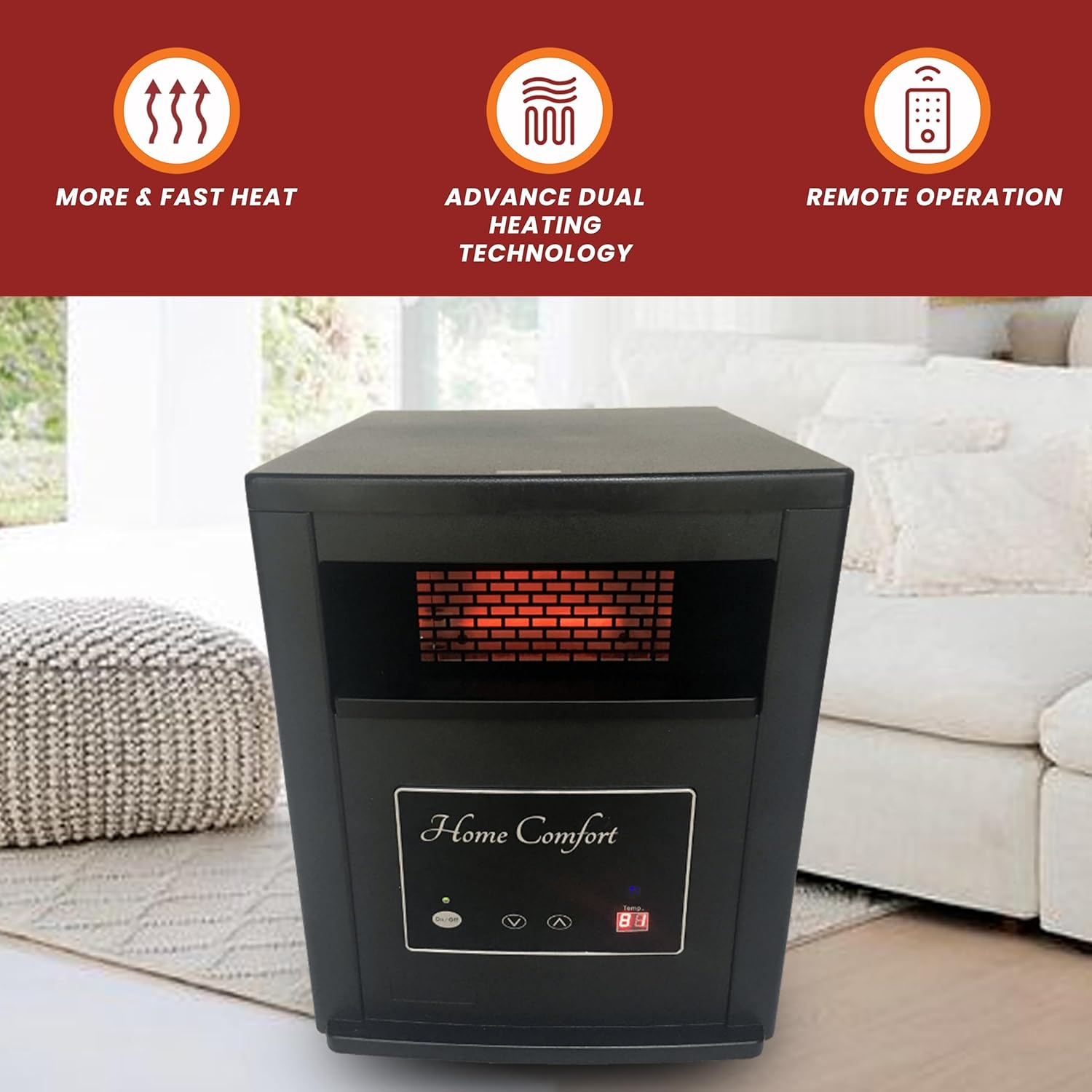 Home Comfort 1500w Infrared Heater - Energy Efficient Space Heater for Year-Round Indoor Warmth, With Thermostat and Remote Control
