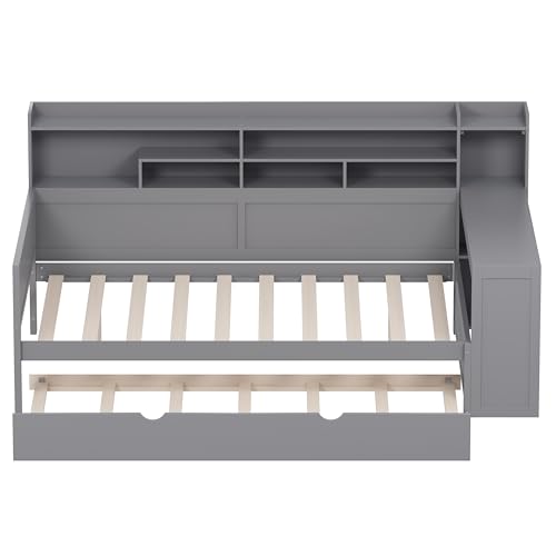 Corner Twin Bed Frame with Bookcase Storage and Desk, Wood Day Beds with 2 Drawers, Twin Size Daybed with Storage for Living Room