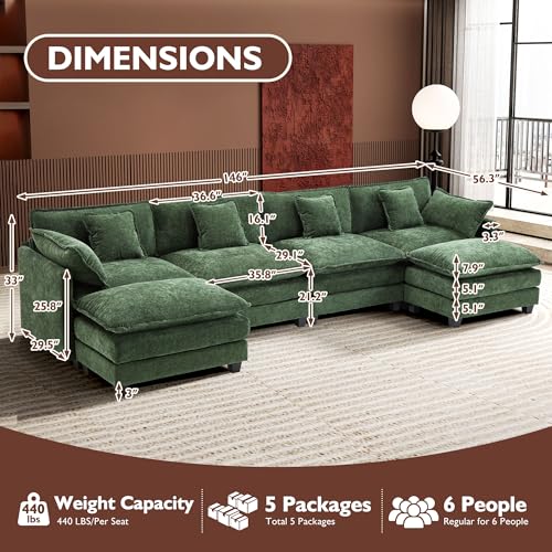 Ihanherry 111.4" U Shaped Modern Cloud Sofa Modular Sectional Couch with 2 Ottoman, 5-Seat Chenille Deep Seat Sofa with Pillow for Living Room