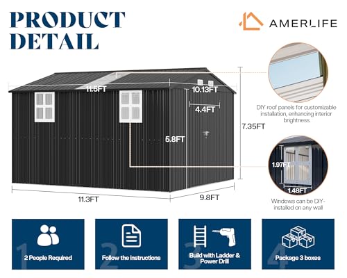 AMERLIFE 10.1x11.5x7.4 FT Galvanized Steel Storage Shed with Skylight Panels, 2 4-Pane Windows & Hinged Double Doors, Outdoor Shed for Backyard