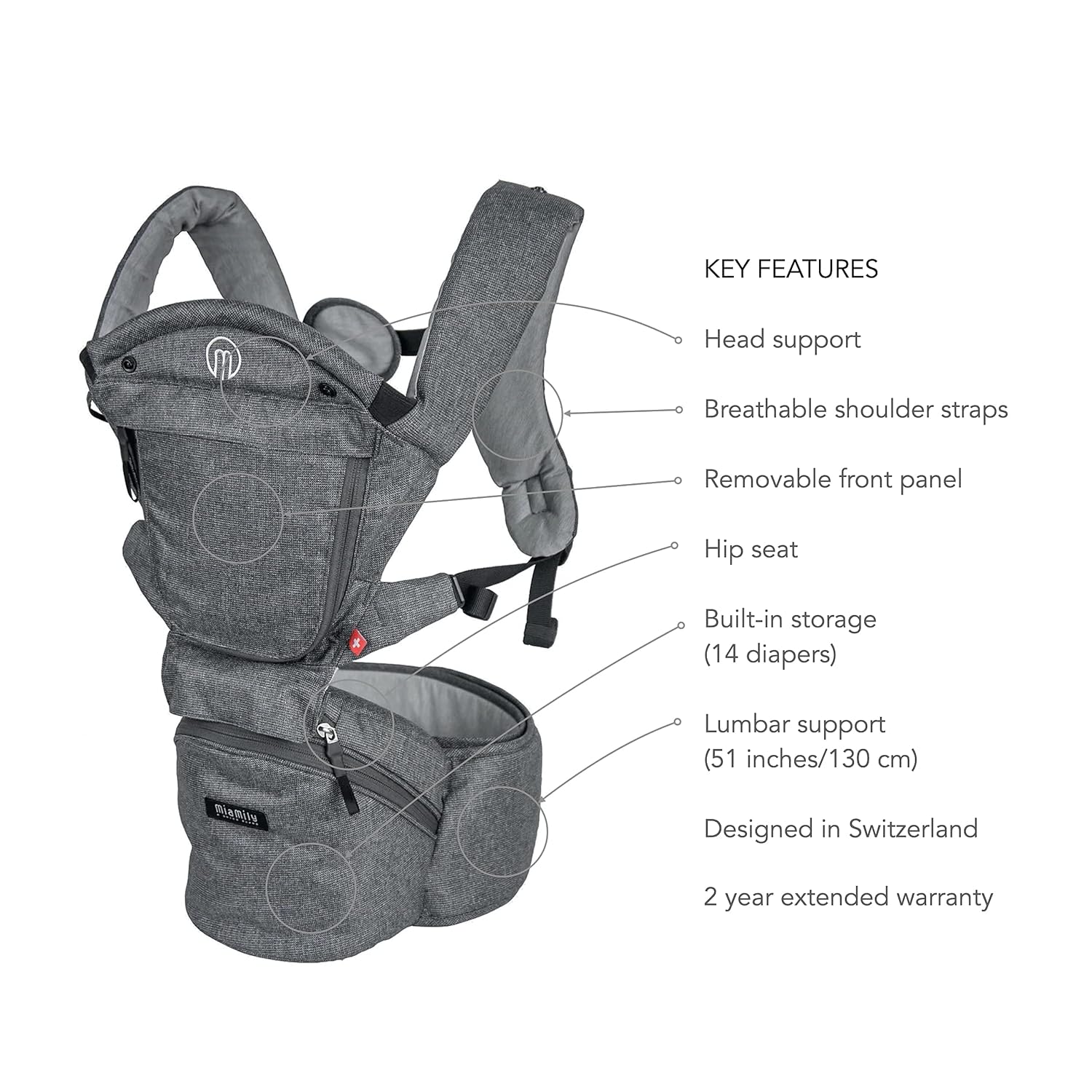 MiaMily Hipster Smart Hip Seat Baby Carrier with 6 Carry Positions incl. Ergonomic Forward-Facing, Built-in Storage