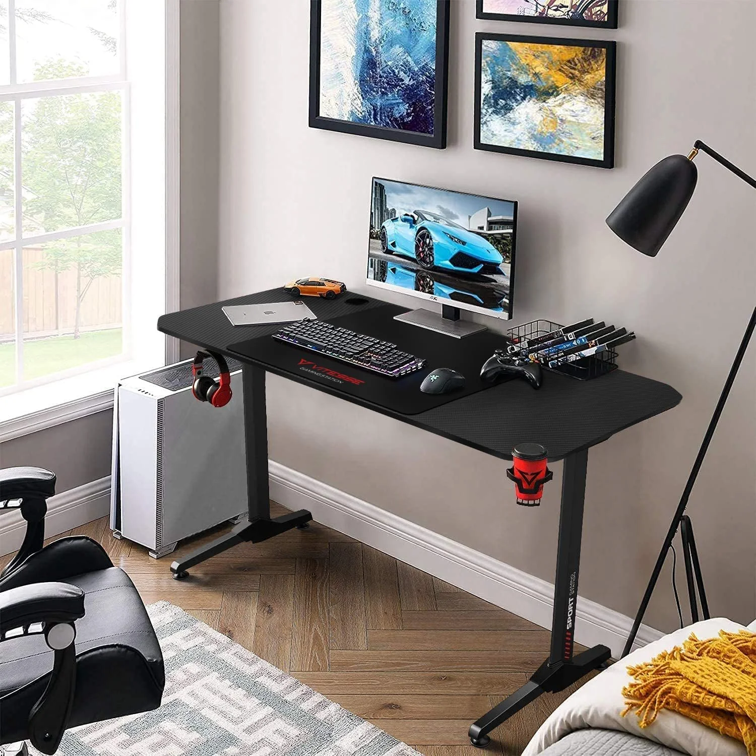 Waleaf Ergonomic Gaming Desk 55 Inch, T Shaped Office PC Computer Desk with Full Desk Mouse Pad, Gamer Tables with Gaming Handle Rack