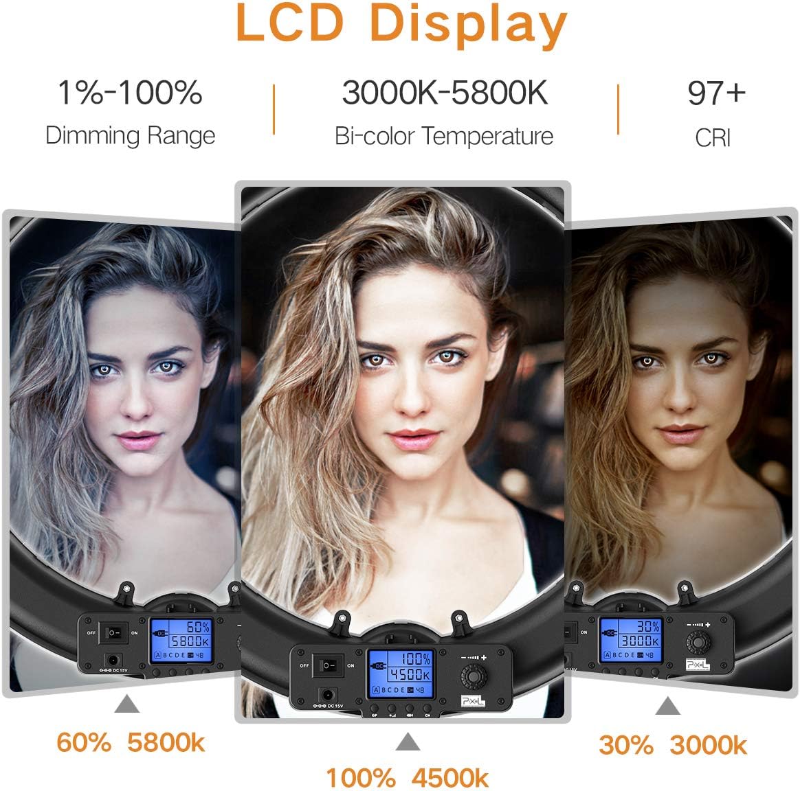 Pixel Ring Light, 19" Bi-Color LCD Display Ring Light with Stand