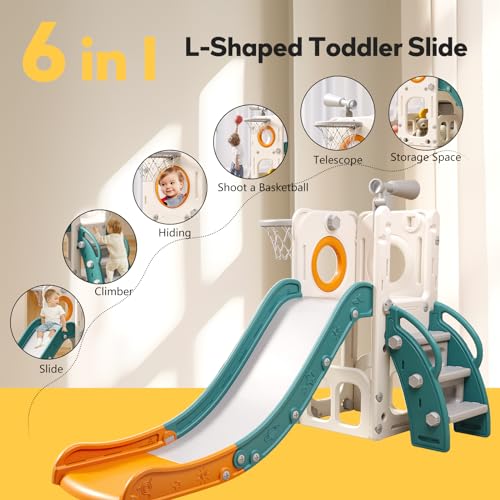 6 in 1 Toddler Playset with Slide, Kids Slide with Basketball Hoop, Ball, Ring Toss, Indoor Outdoor Toys (White Grey)