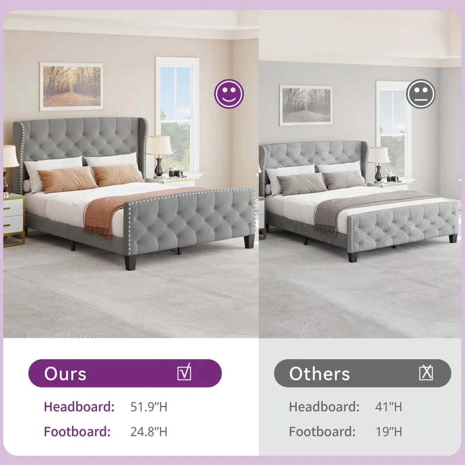 Dextrus Upholstered Bed Frame Queen Size, Platform Bed Base with Velvet Headboard & Footboard, Wingback Upholstered Bed Frame Mattress Foundation