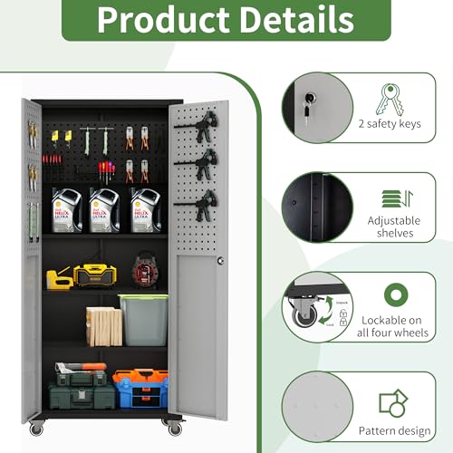 Metal Garage Storage Cabinet with Wheels,Locking Rolling Tool Cabinet with Drawers and Shelves for Home, Office, Garage & Workshop