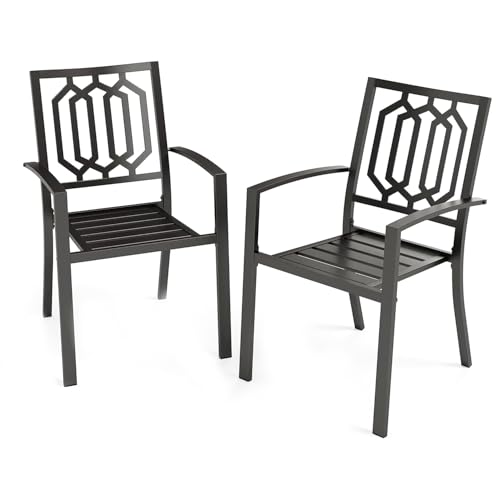 PHI VILLA Stackable Wrought Iron Patio Dining Chairs - Set of 2 Black Outdoor Chair Bistro Metal Chairs, Support 300 LBS