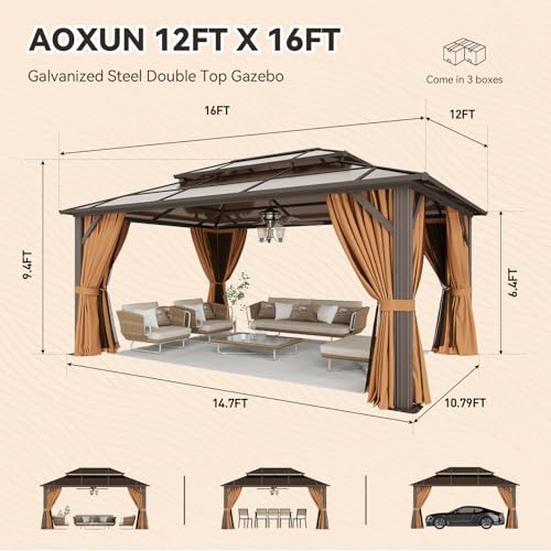 Aoxun 12'x16' Hardtop Gazebo, Aluminum Frame Permanent Pavilion with Netting and Curtains, Outdoor Polycarbonate Double Roof Canopy