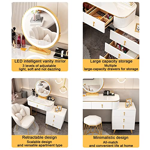 Makeup Vanity Desk With Lighted Mirror, Dressing Table Set With Storage Drawers And Stool, Modern Vanity Table 3-Color Dimmable LED Lighted Mirror