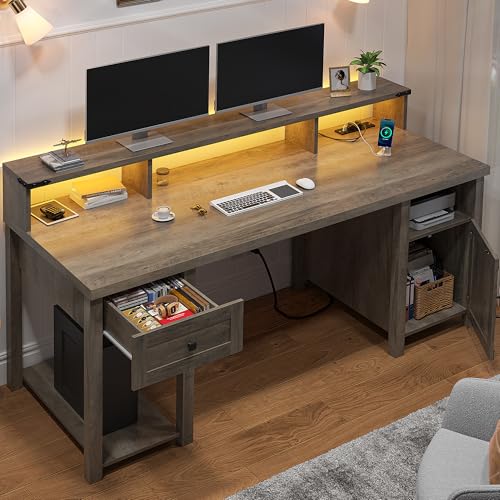 EnHomee Farmhouse Office Desk with Drawer & Power Outlets, Wood Computer Desk Monitor Stand for Bedchamber Study