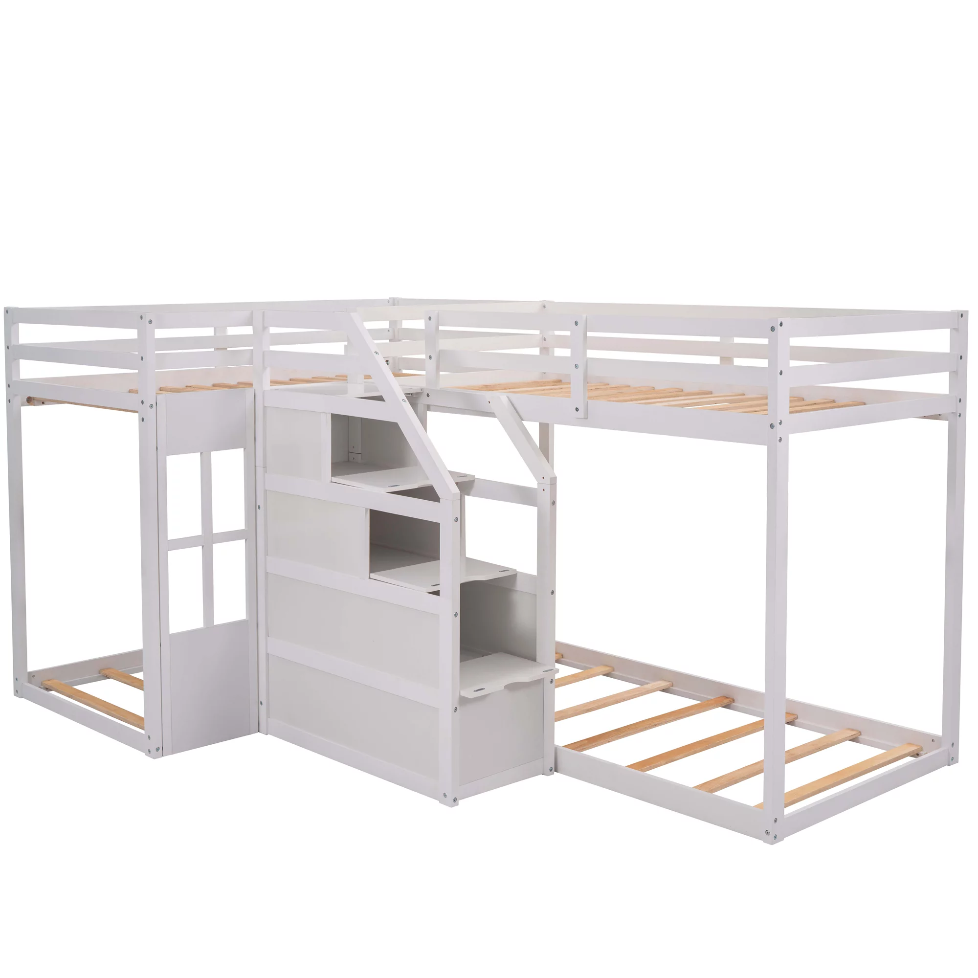 EUROCO Twin over Twin L-Shaped Bunk Bed with Middle Staircase, White - Curated Treasures Market