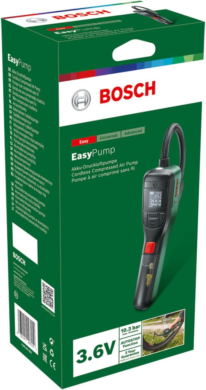 Bosch Home and Garden Electric Air Pump Mini Compressor EasyPump (3.0 Ah battery, 3.6 Volt, 150 PSI, 10.3 bar, LED, in carton packaging)