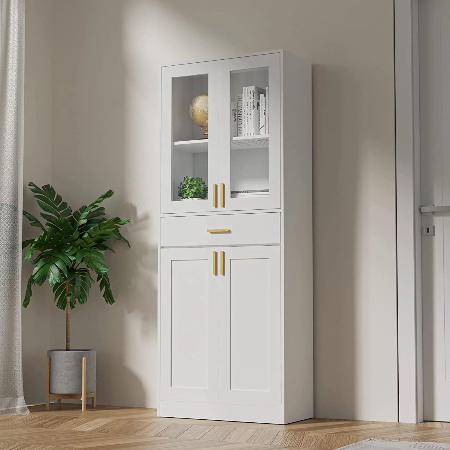 Cozy Castle 70" Tall White Display Cabinet, Pantry Cabinet with Acrylic Glass Doors and Drawer, China Cabinet, Office Storage Cabinet, Bookcase