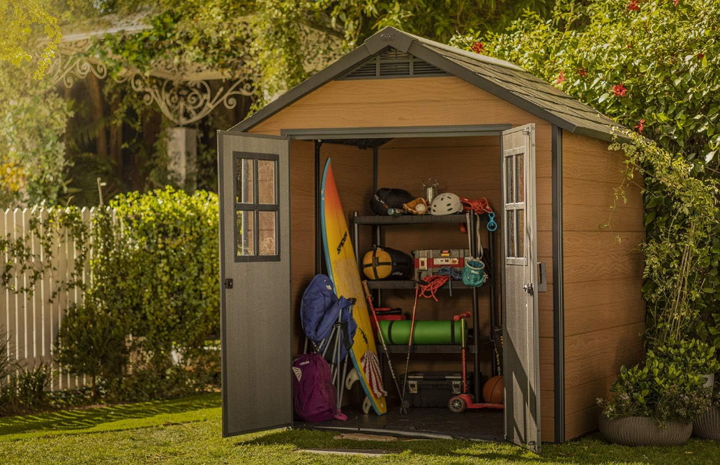 KETER Newton 7.5x7 Large Resin Outdoor Storage Shed Kit &ndash; Perfect to Store Patio Furniture, Garden Tools, Bike Accessories, and Lawn Mower