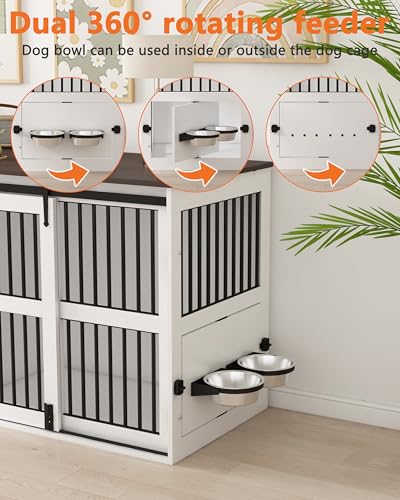 Piskyet 84.5" Double Medium Dog Crate Furniture,Heavy Duty Farmhouse Style Tv Stand Dog Kennel with Drawer and Cabinet