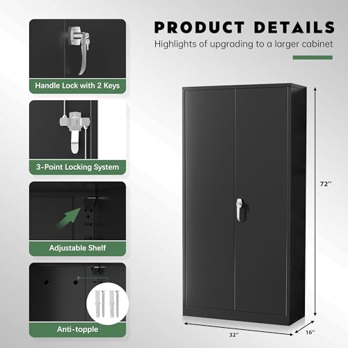 Greenvelly Steel SnapIt Storage Cabinet 72" Locking Metal Garage Storage Cabinet with 4 Adjustable Shelves, 2 Doors and Lock for File, Office, Garage