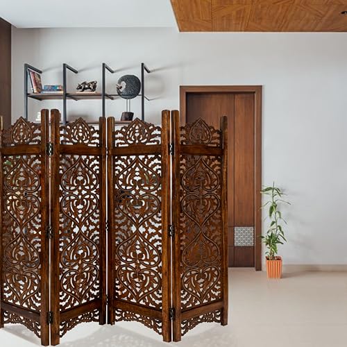 Lightnpro Wooden Room Divider - Handmade Foldable Partition Screen with Intricate Oval Carved Design Hinged