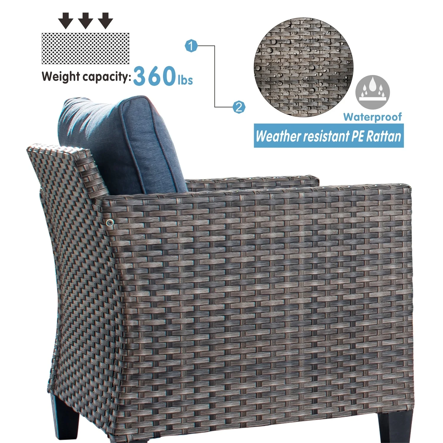 OVIOS  2-piece Outdoor High-back Wicker Single Chairs Denim Blue