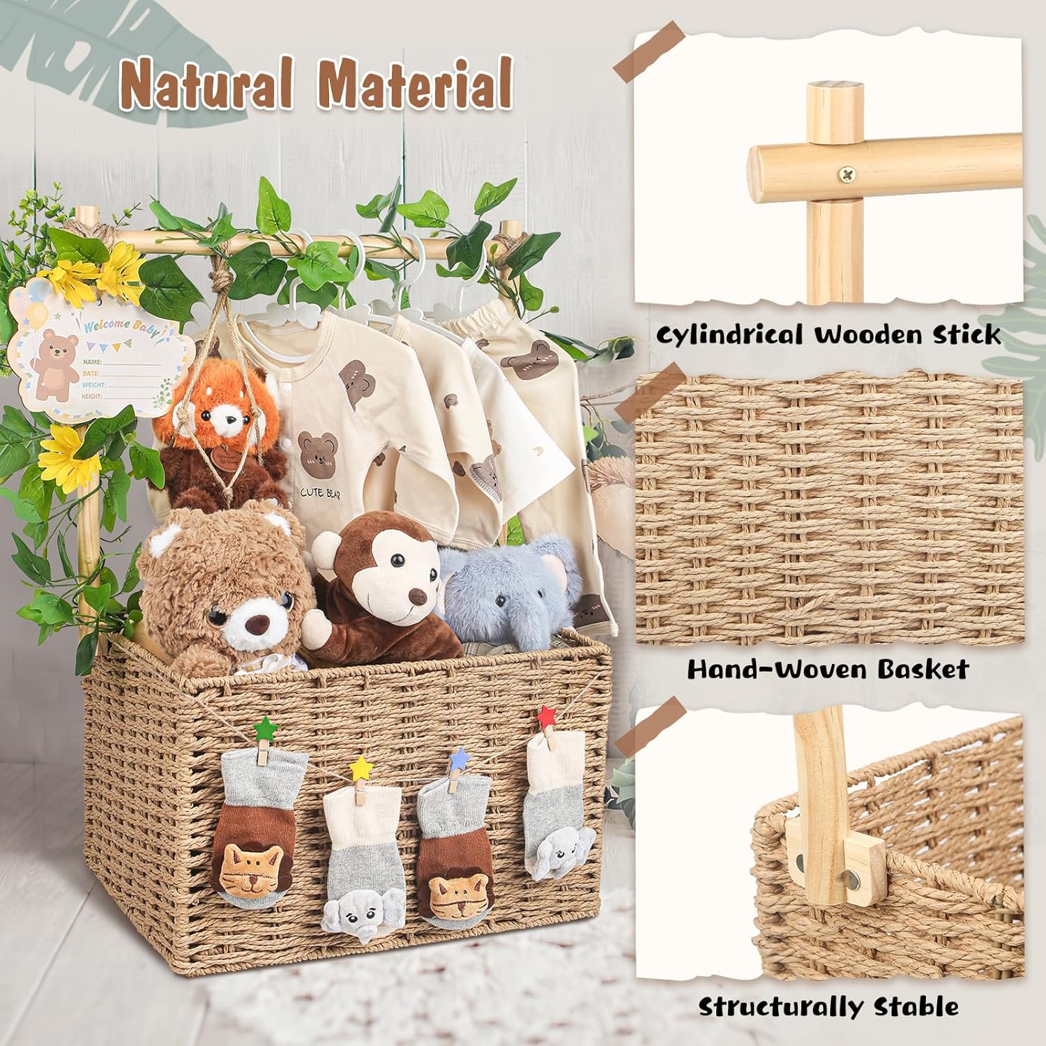 Wooden Woven Baby Shower Crate – Foldable Storage Basket with Handles, Handwoven Gift Box for Baby Shower &amp; Newborn Essentials