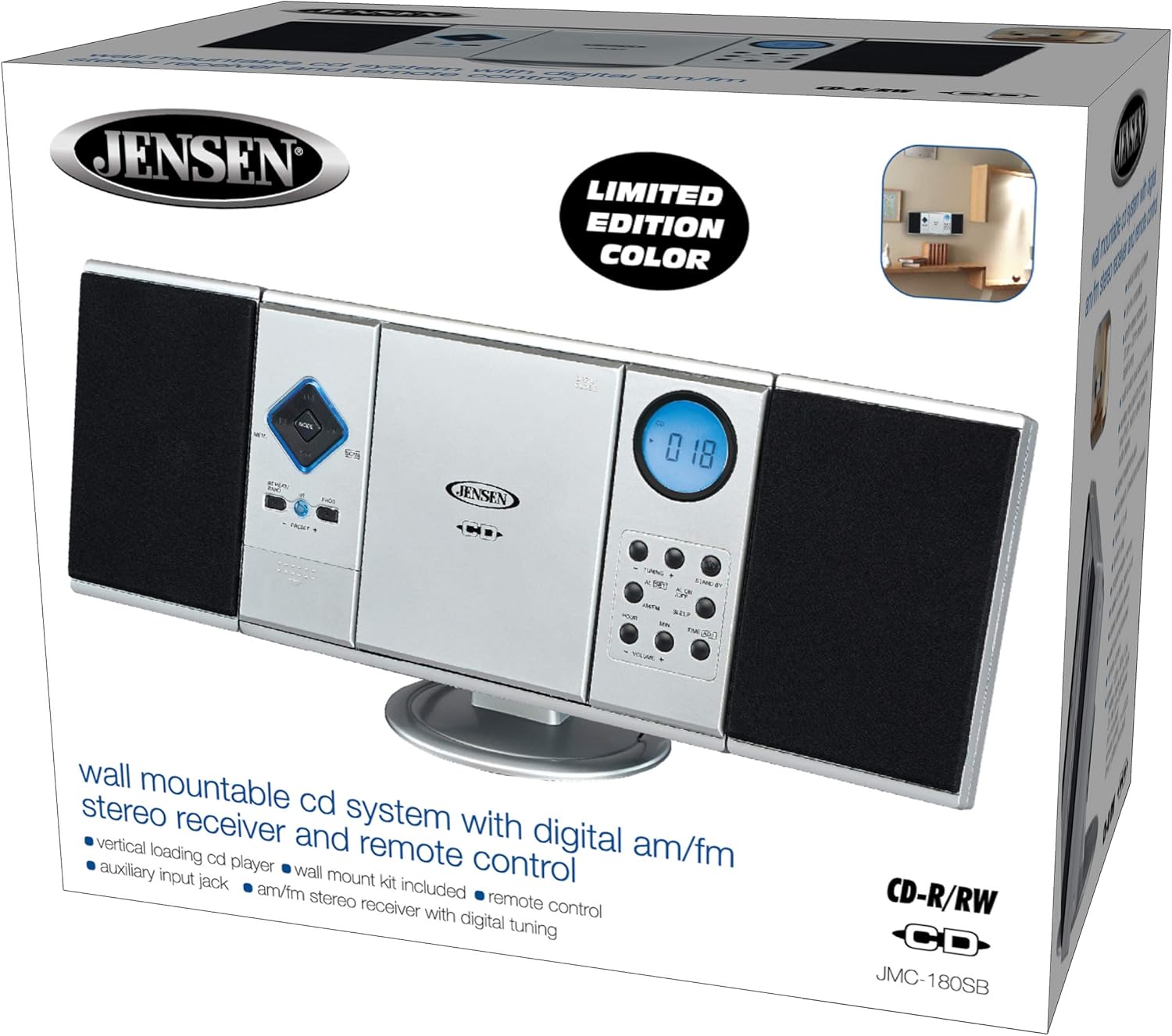 Jensen Modern Black Series JMC-180 Silver Wall Mountable Vertical Loading CD Music System, Digital AM/FM Stereo with Speakers, Aux-in