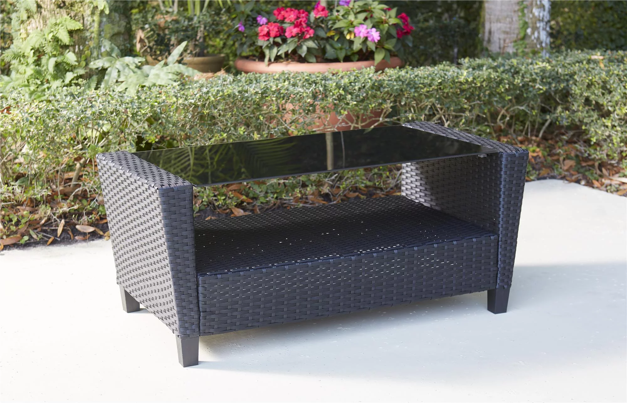 COSCO Outdoor 4 Piece Conversation Set, No Tools Assembly, Gray Cushions, Black Resin Wicker