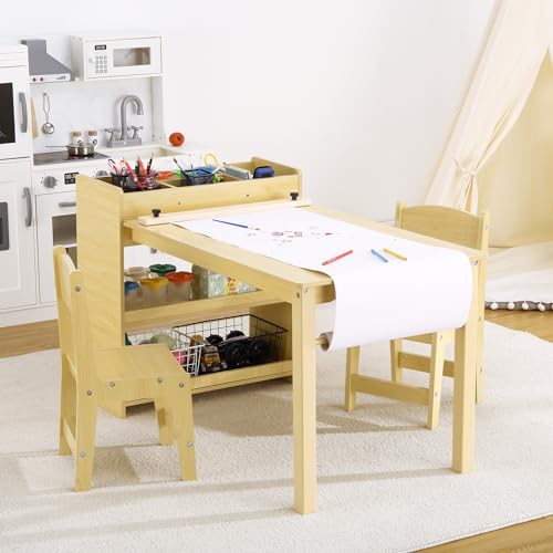 Kids Art Table with 2 Chairs, Toddler Craft Play Wood Activity Desk with Large Storage Shelves for Writing Drawing,Nursery