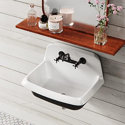 ELLAI 24 Inch Wall Mounted High Back Kitchen Sink White and Black Porcelain Utility Sink Farm Sink Ceramic Farmhouse Laundry Sink Wall Mount Bathroom