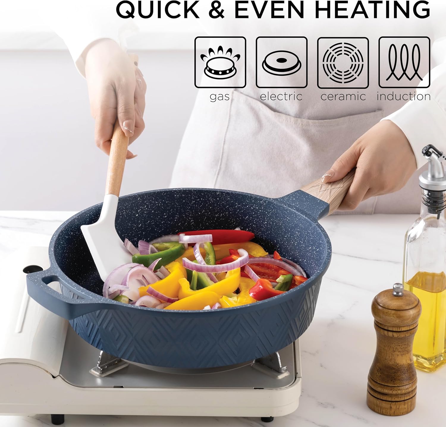 Country Kitchen Induction Cookware Sets - 13 Piece Nonstick Cast Aluminum Pots and Pans with BAKELITE Handles, Glass Lids- Rhombas Design (Navy)