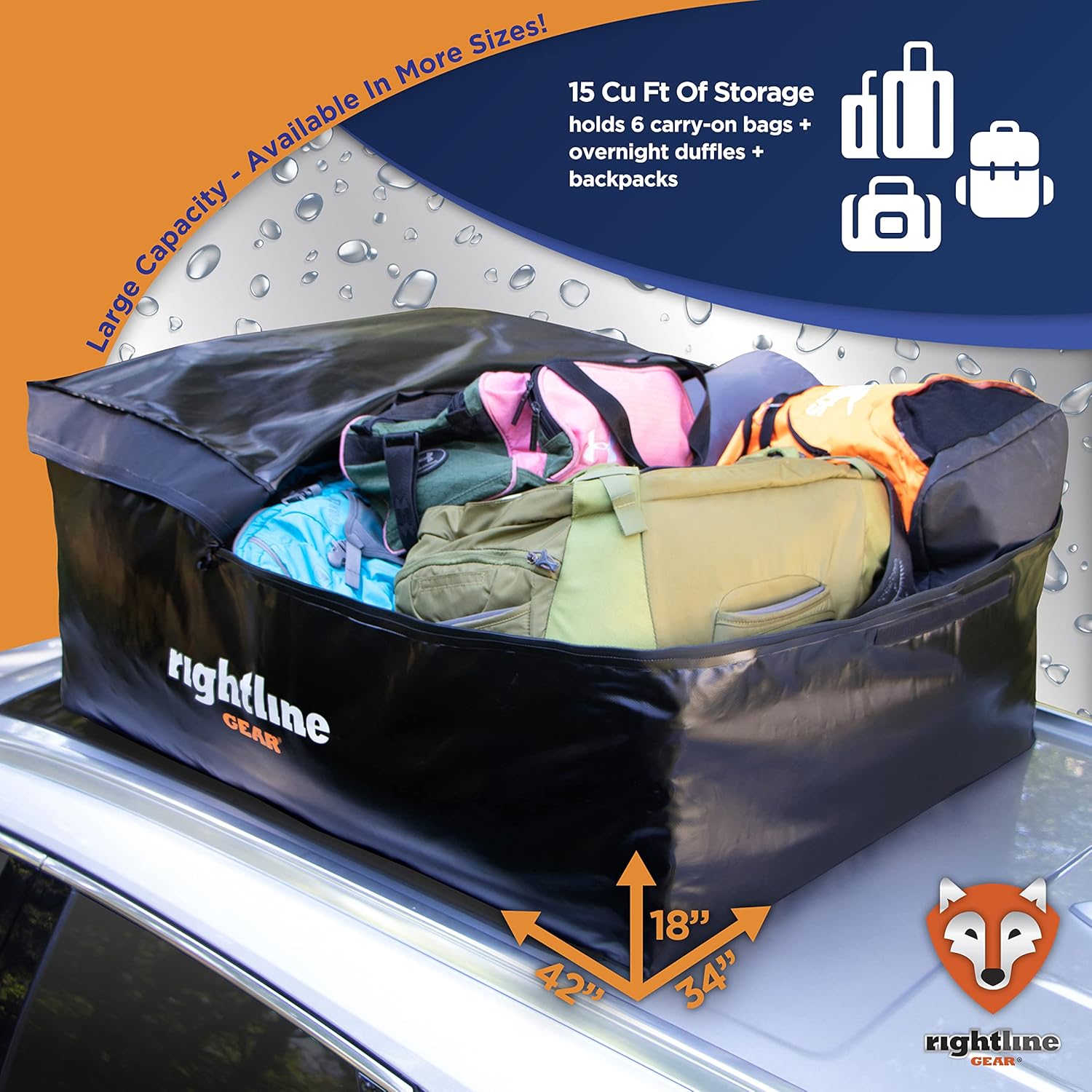 Rightline Gear Sport 3 Car Top Carrier, 18 cu ft, 100% Waterproof Zipper, Attaches With or Without Roof Rack