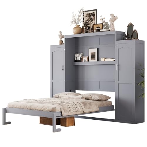 Polib Full Size Murphy Bed with Two Wardrobes and Storage Shelf, Space-Saving Wall Cabinet Bed with Foldable Platform Bedframe for Small Bedrooms