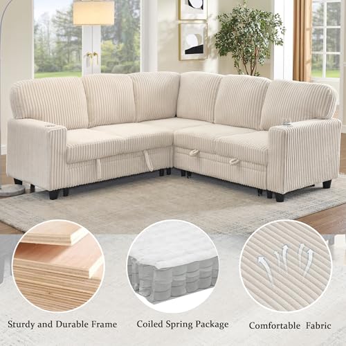 L-Shaped Pull Out Sleep Sofabed,Modern Reversible Sleeper Sectional Sofa Chenille Upholstered Button Tufted Decor with Storage Chaise