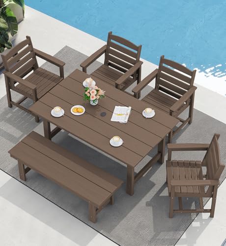 SERWALL Outdoor HDPE Dining Table Set, 7-Piece Outdoor Dining Table Sets with Umbrella Hole Cut-Out Table and 6 Chairs, Gray