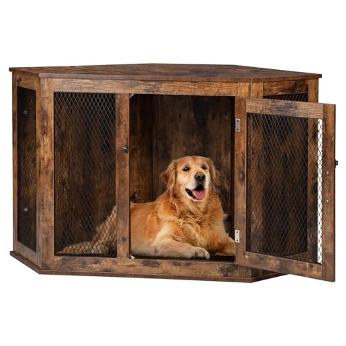 VITESSE Corner Dog Crate Furniture, 44/52inch Durable Wooden Dog Kennel End Table, Indoor Decorative Puppy Kennel with Metal Mesh