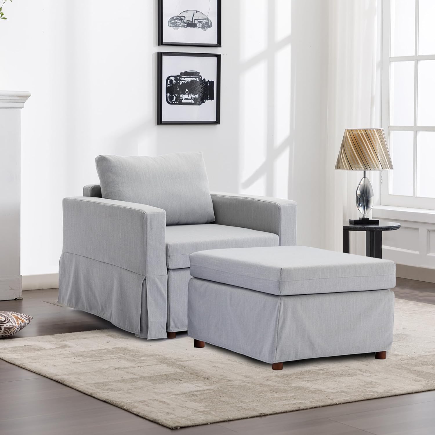 Single Seat Module Sofa Sectional Couch with 1 Ottoman,Cushion Covers Removable and Washable,Light Grey