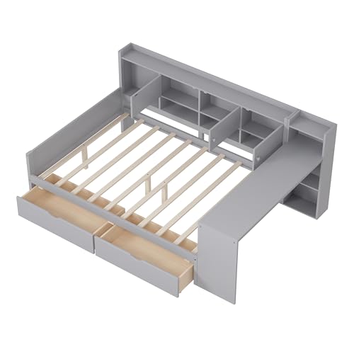 Corner Twin Bed Frame with Bookcase Storage and Desk, Wood Day Beds with 2 Drawers, Twin Size Daybed with Storage for Living Room