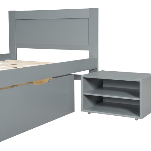 SOFTSEA Full Size Platform Bed with Storage, Platform Bed with Drawers and Bed End Case, Wood Platform Bed Frame with Storage Bookcase Headboard